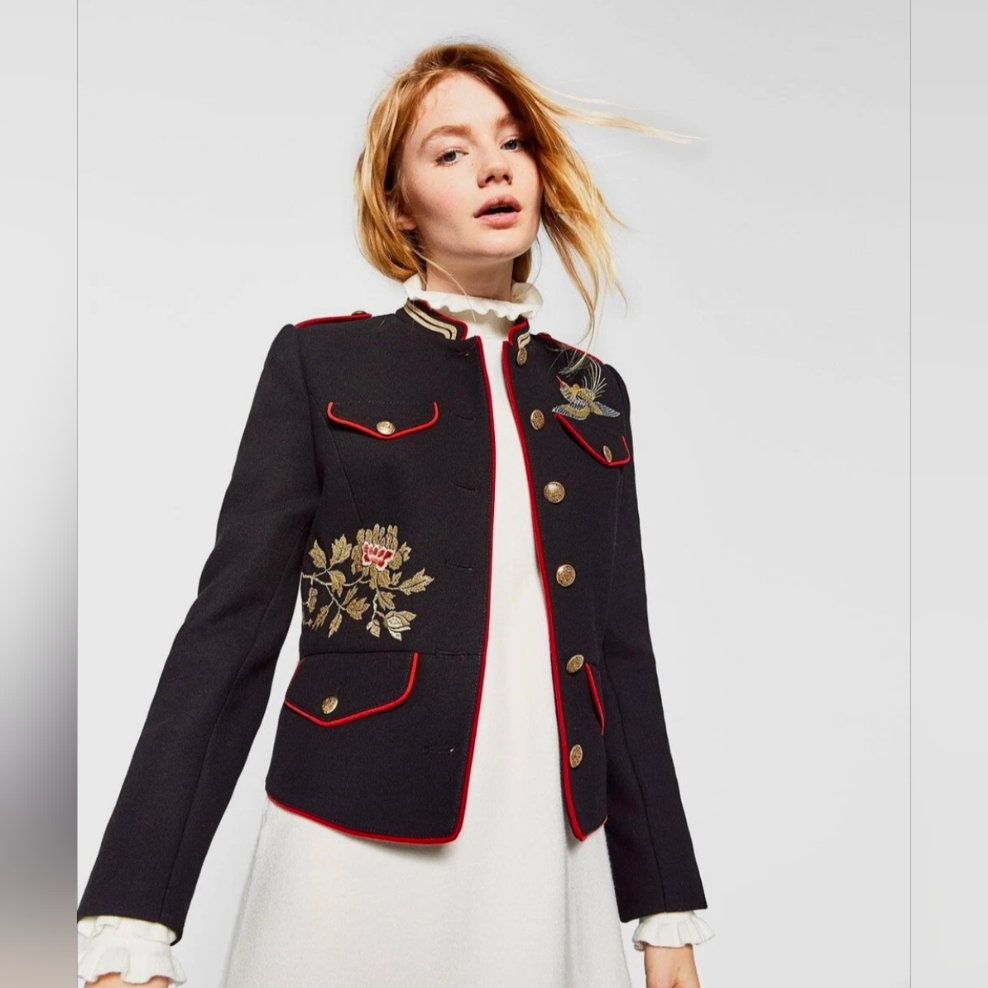 Zara Military Style Jacket W/ Embroidery Size Small